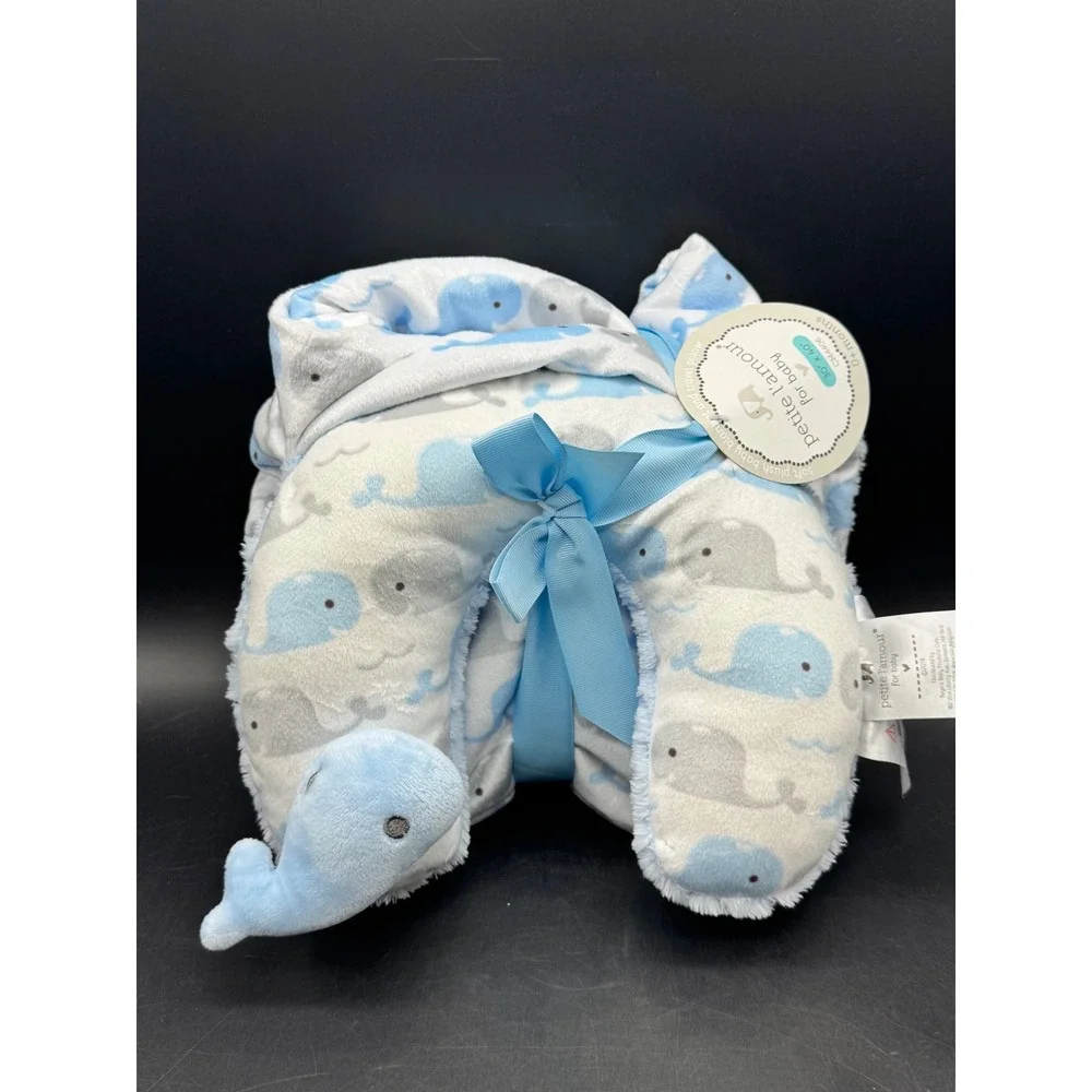 Petite L'Amour Baby Blanket Travel Pillow Whale 30x40 NWT Plush Security Blanket
